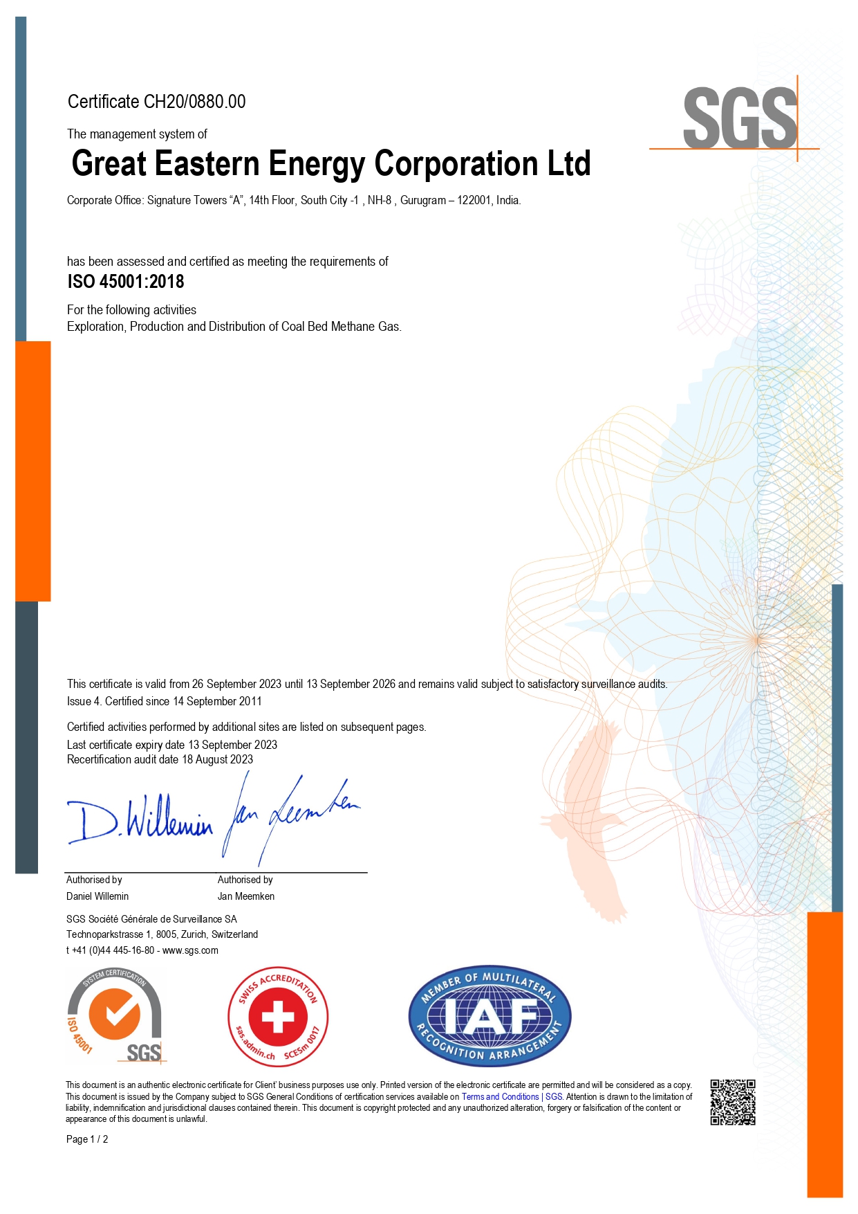 GEECL BS OHSAS Certificate 18001:2007